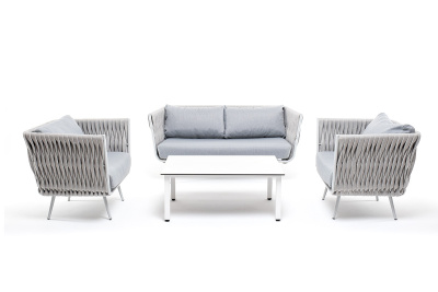 "Монако" лаунж-зона 4-местная из роупа со столом "Верона" (серый гранит), каркас светло-серый, роуп светло-серый