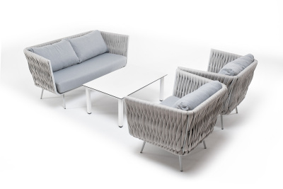 "Монако" лаунж-зона 4-местная из роупа со столом "Верона" (серый гранит), каркас светло-серый, роуп светло-серый